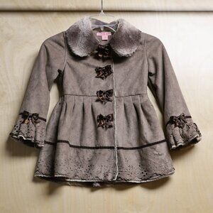 Copper Key Girls Sz 4/5 Tan Peacoat with Faux Fur Bows & Intricate Cutouts